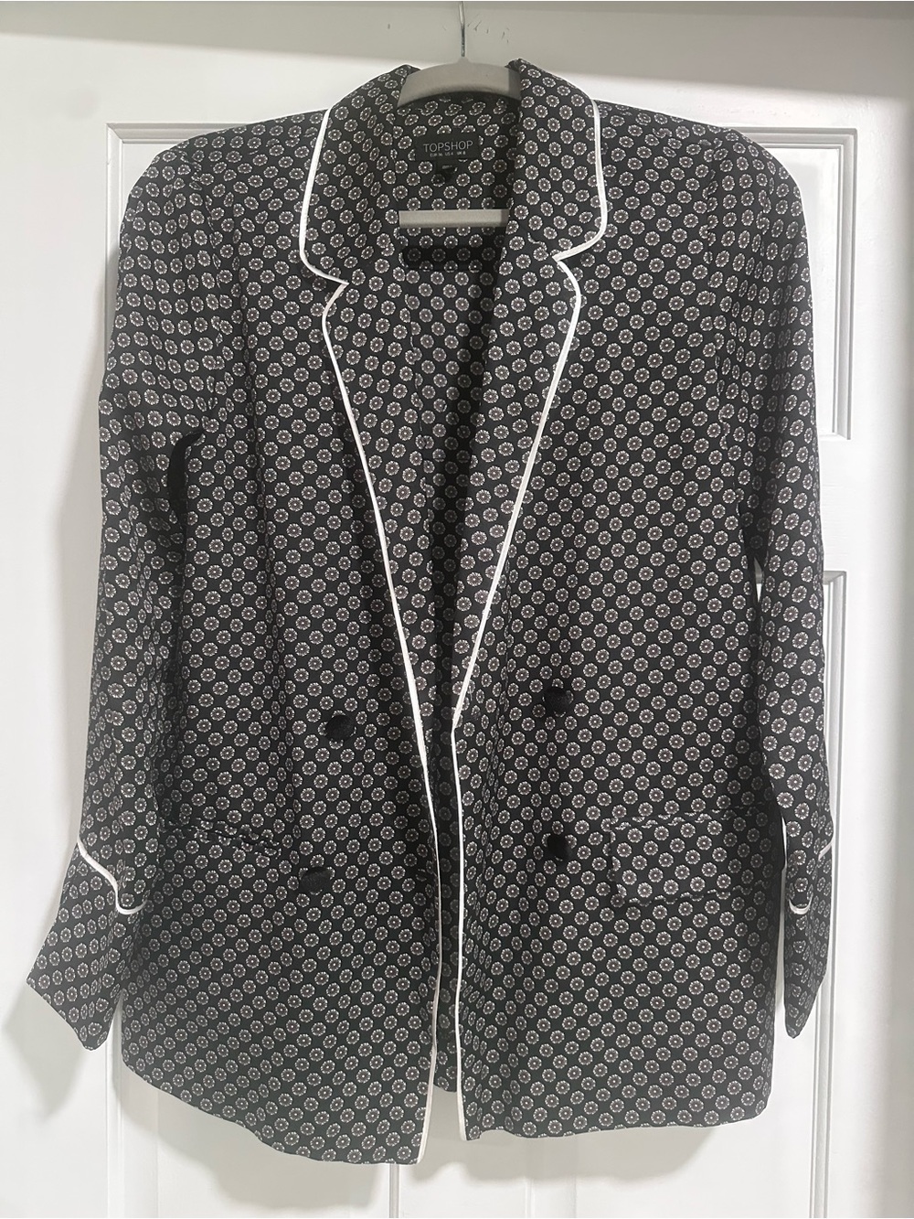 Topshop Black Printed Lingerie Blazer with White Piping Trim